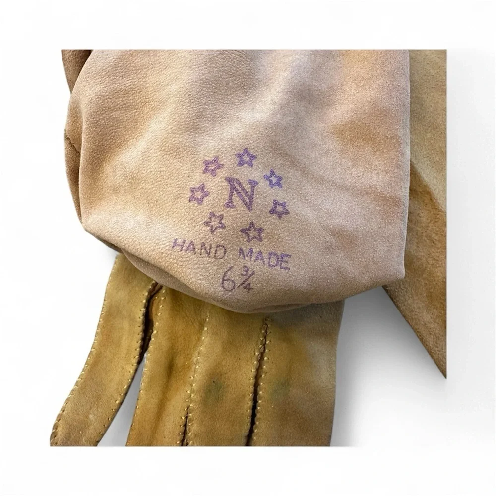 Vintage Handmade Suede Opera-Length Gloves Camel Color w/ Bows